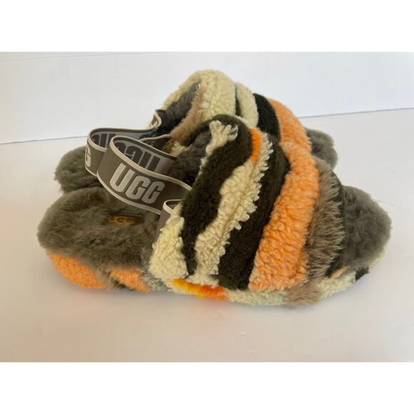 UGG Fluff Yeah Slide Cali Collage Sheepskin Sandals Womens Sz 8 Elastic Strap - Picture 6 of 7
